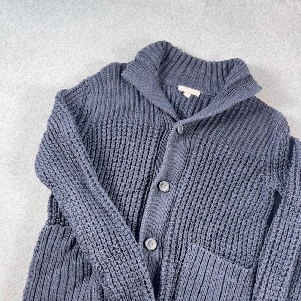 Gap Cardigan Sweater Mens XS Navy Blue Solid Chunky Knit Shawl Collar Cotton
